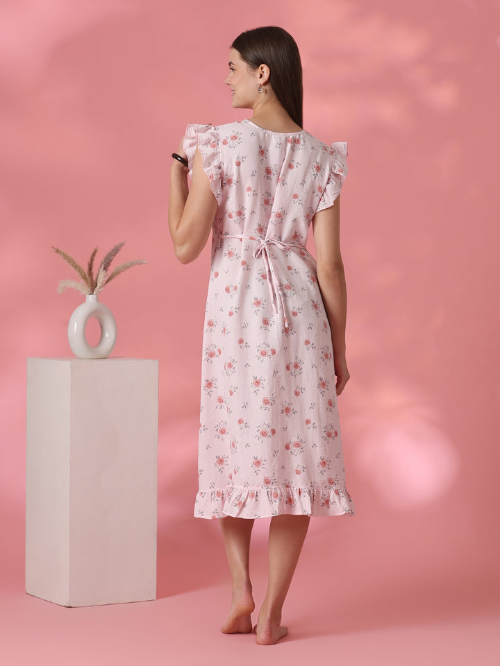 Rosy pink rose motif crush cotton short nighty for women