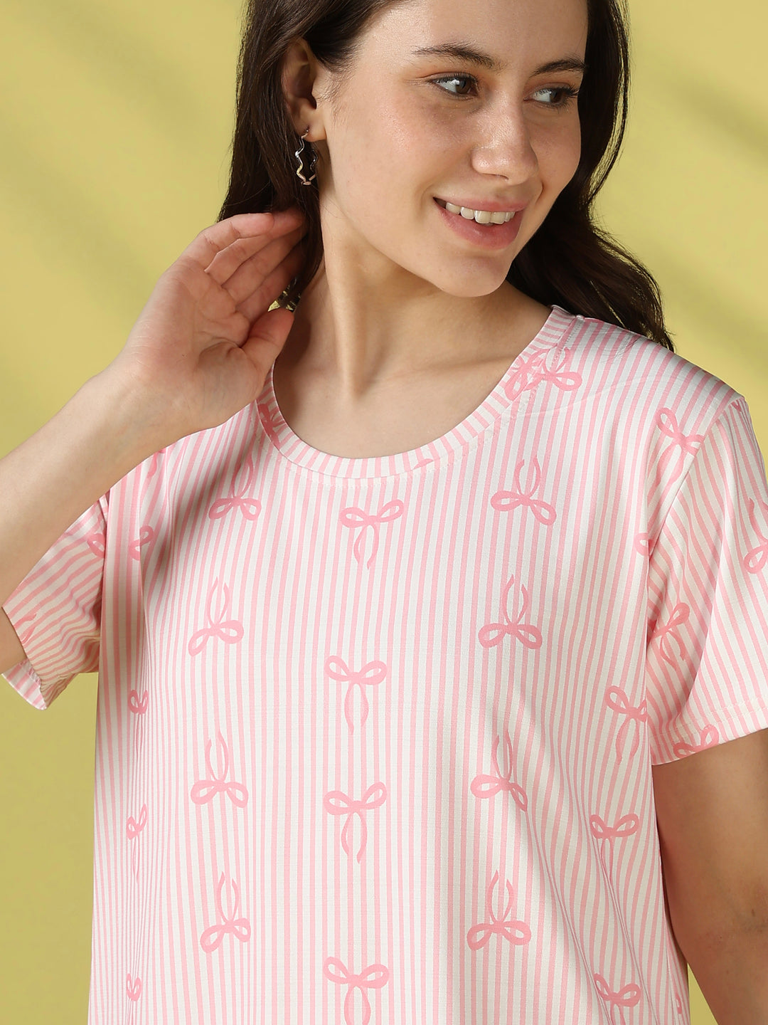 Pink bow print gloss malai short nighty dress for women