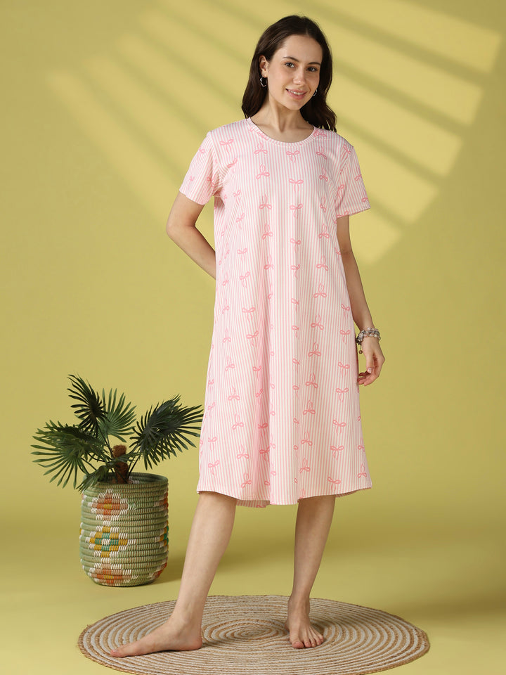 Pink bow print gloss malai short nighty dress for women