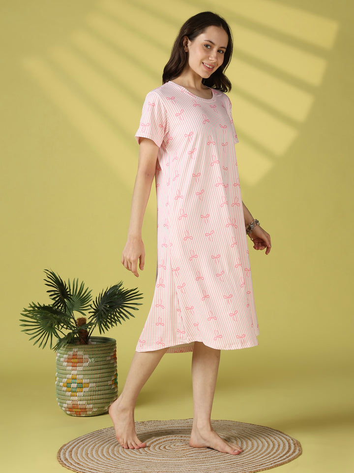 Pink bow print gloss malai short nighty dress for women