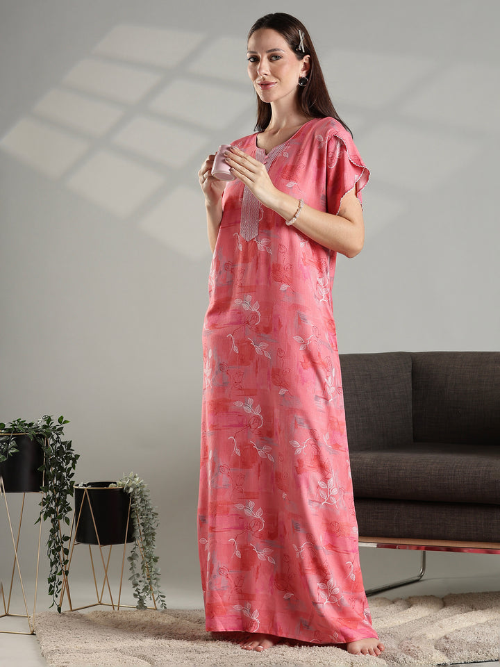 Peach floral alpine fabric comfortable nightwear for women.