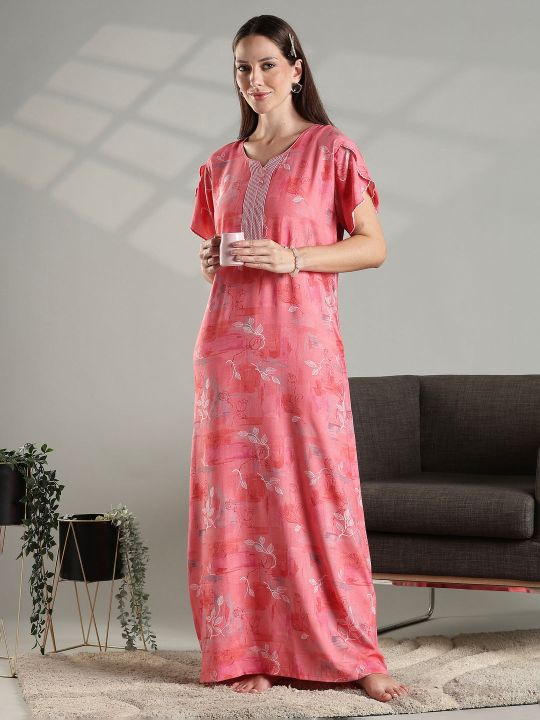 Peach floral alpine fabric comfortable nightwear for women.