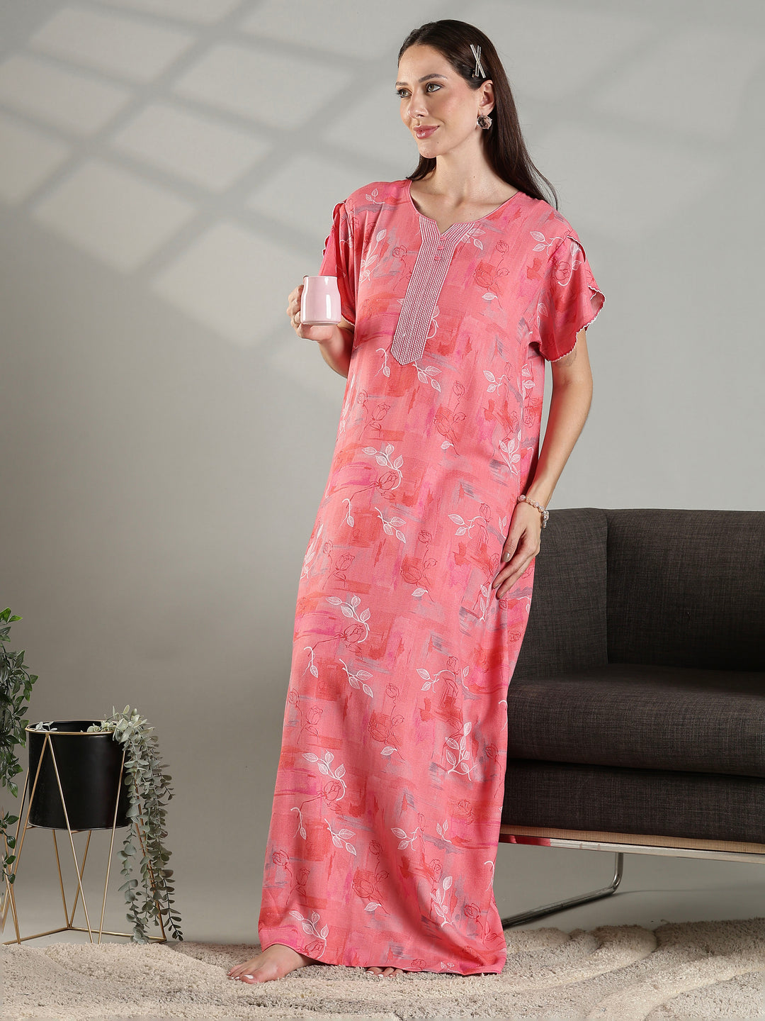 Peach floral alpine fabric comfortable nightwear for women.