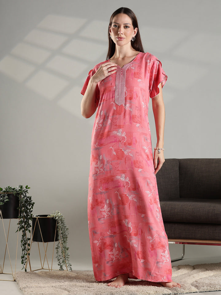 Peach floral alpine fabric comfortable nightwear for women.