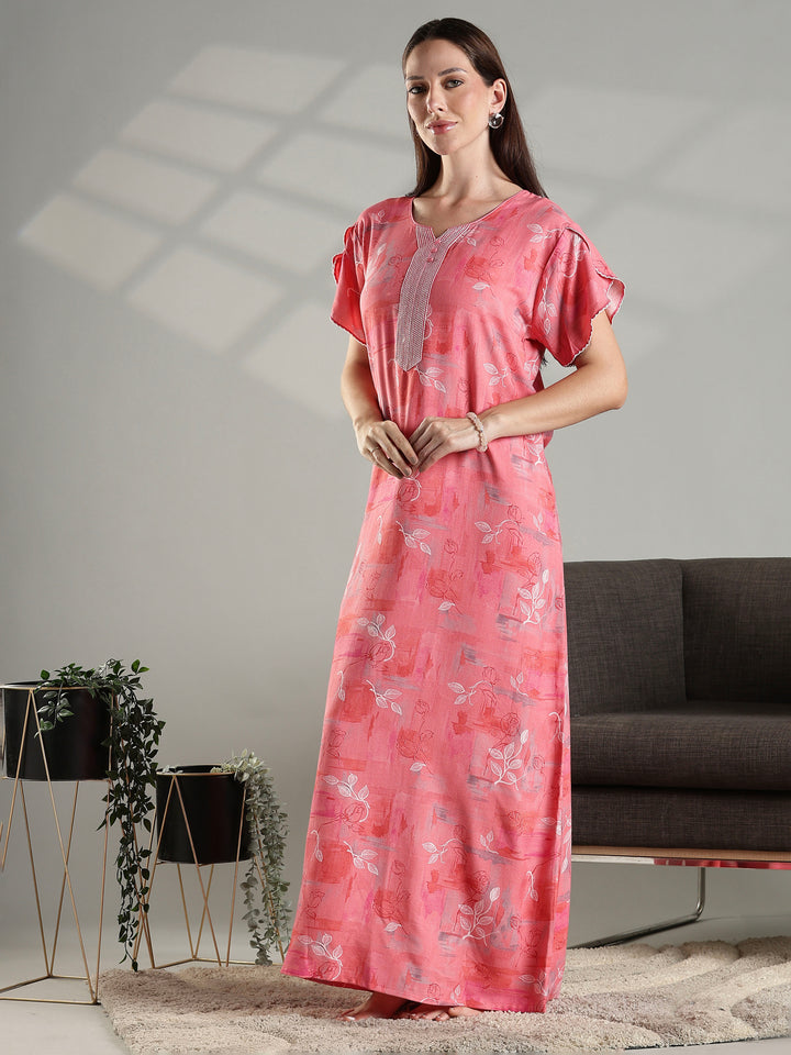 Peach floral alpine fabric comfortable nightwear for women.