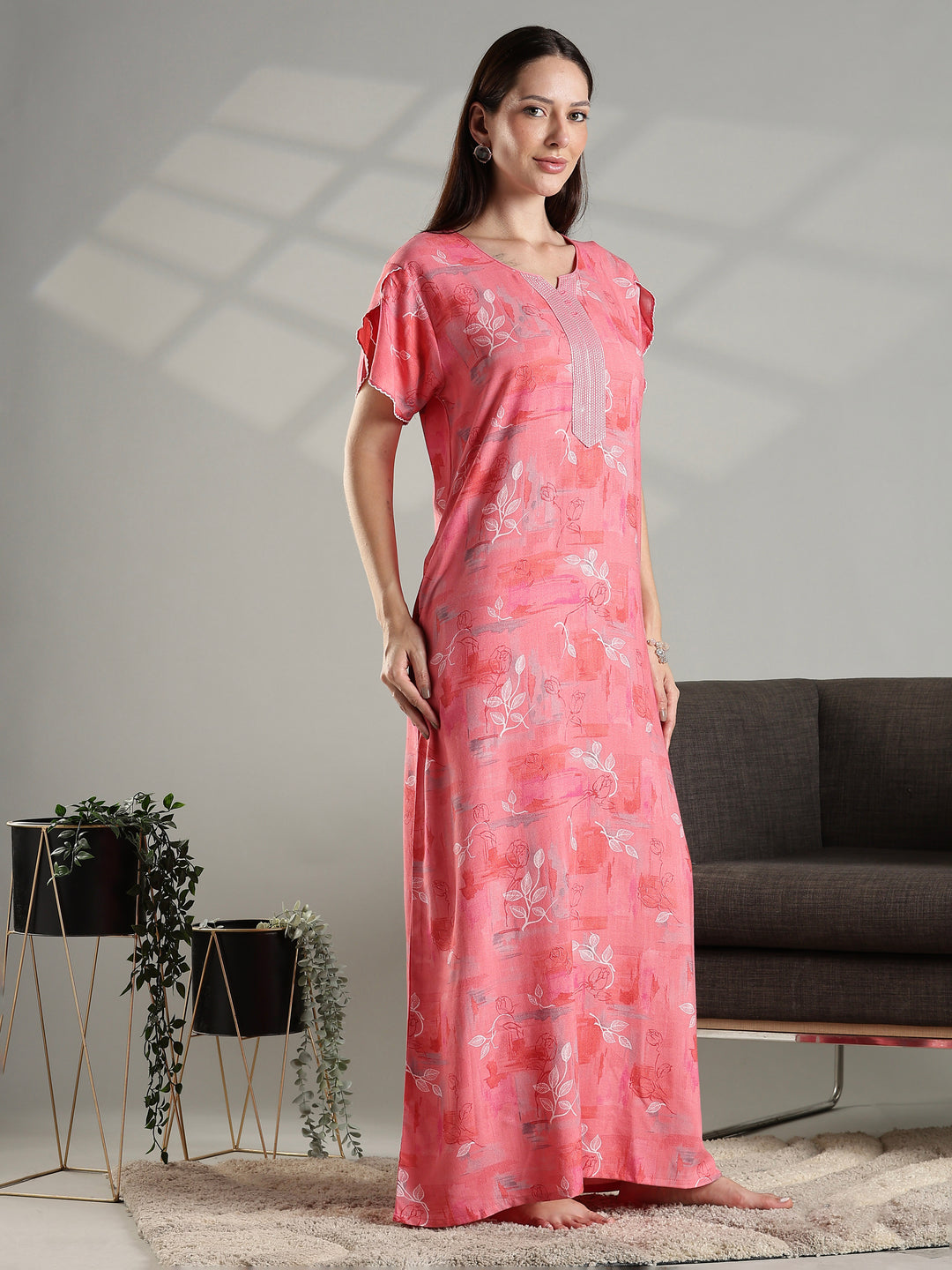 Peach floral alpine fabric comfortable nightwear for women.