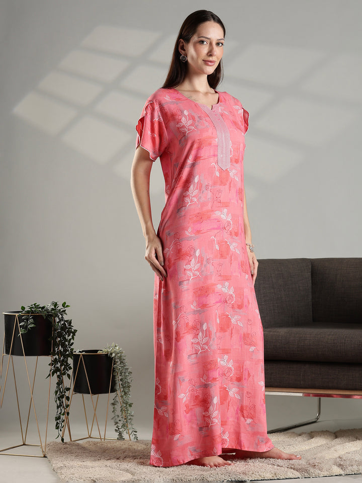 Peach floral alpine fabric comfortable nightwear for women.