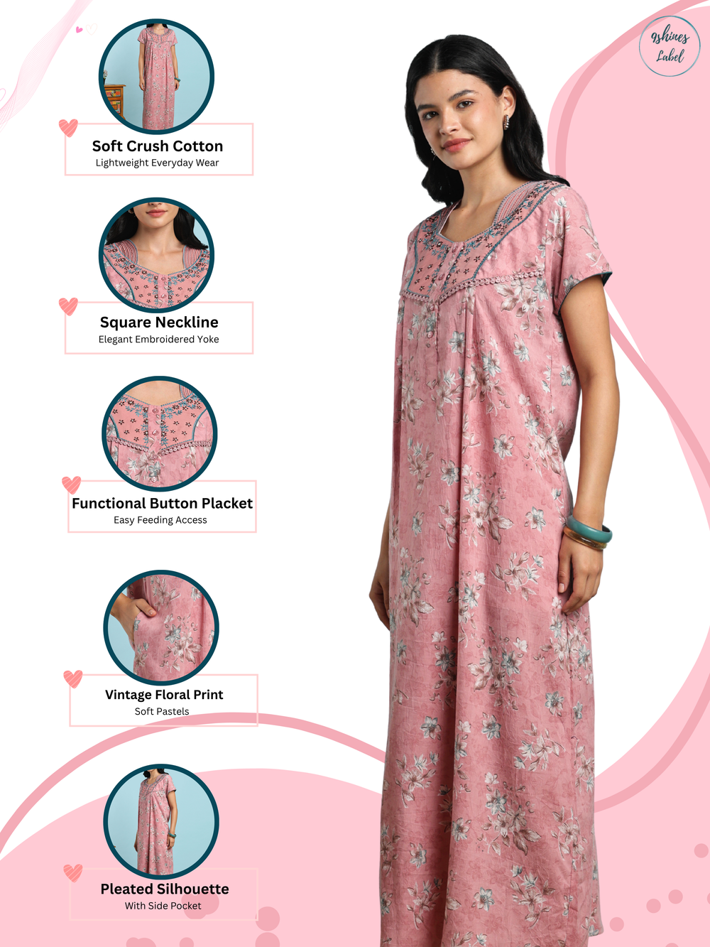 Floral cotton night wear gown for women with side pocket