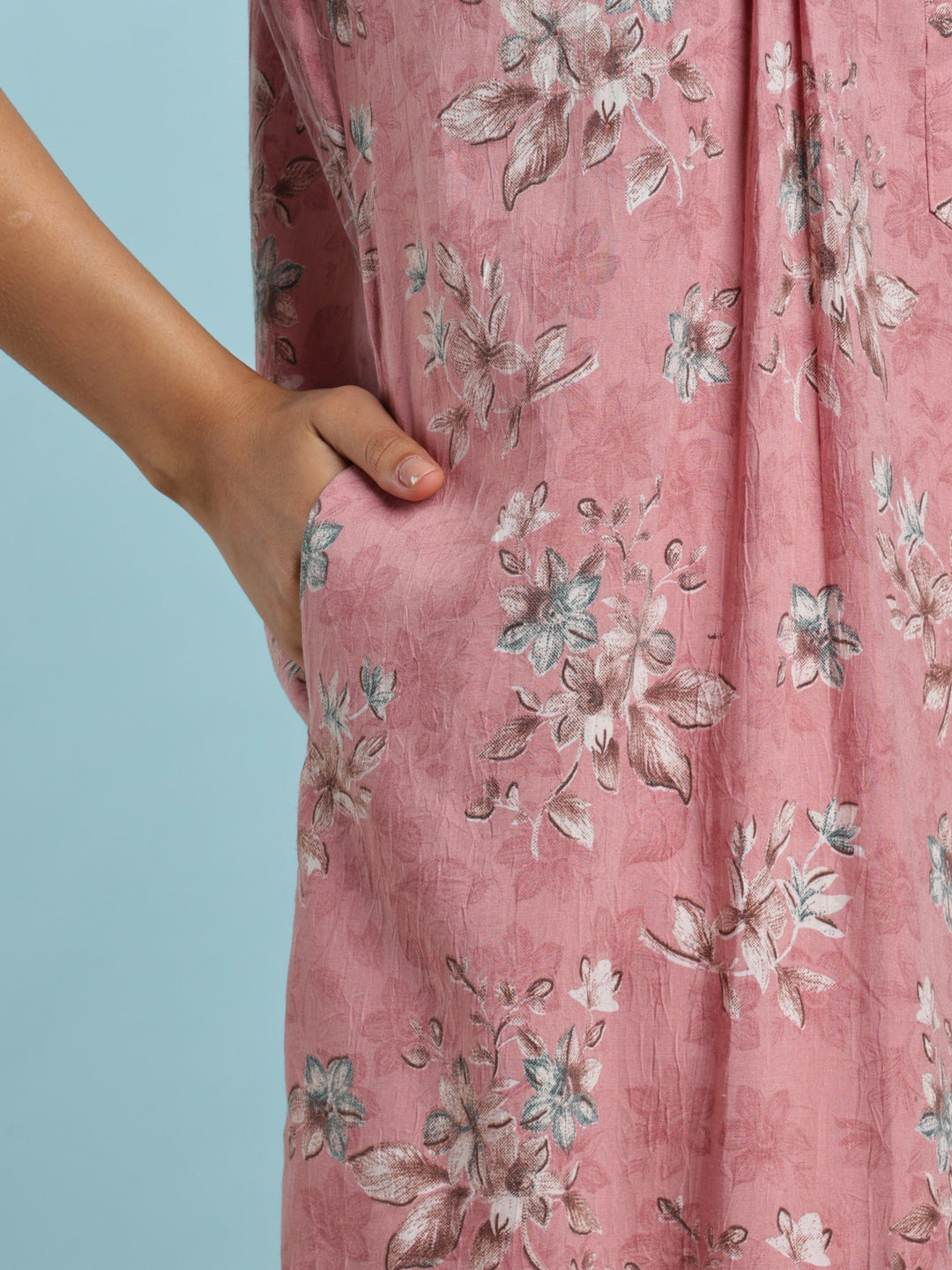 Floral cotton night wear gown for women with side pocket
