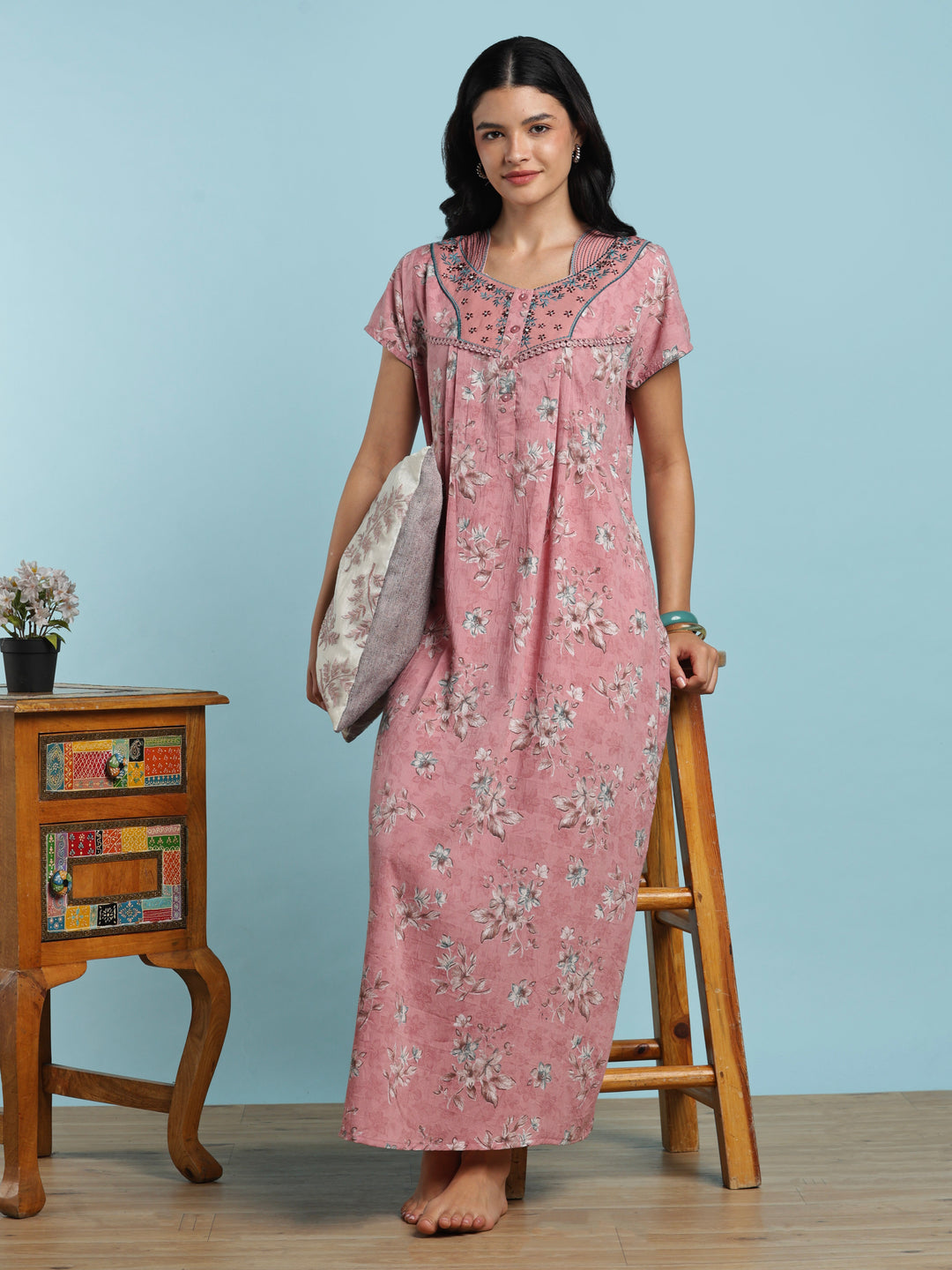 Floral cotton night wear gown for women with side pocket