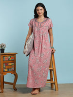 Crush Cotton Floral Nighty for Women in Vintage Blush with Pocket