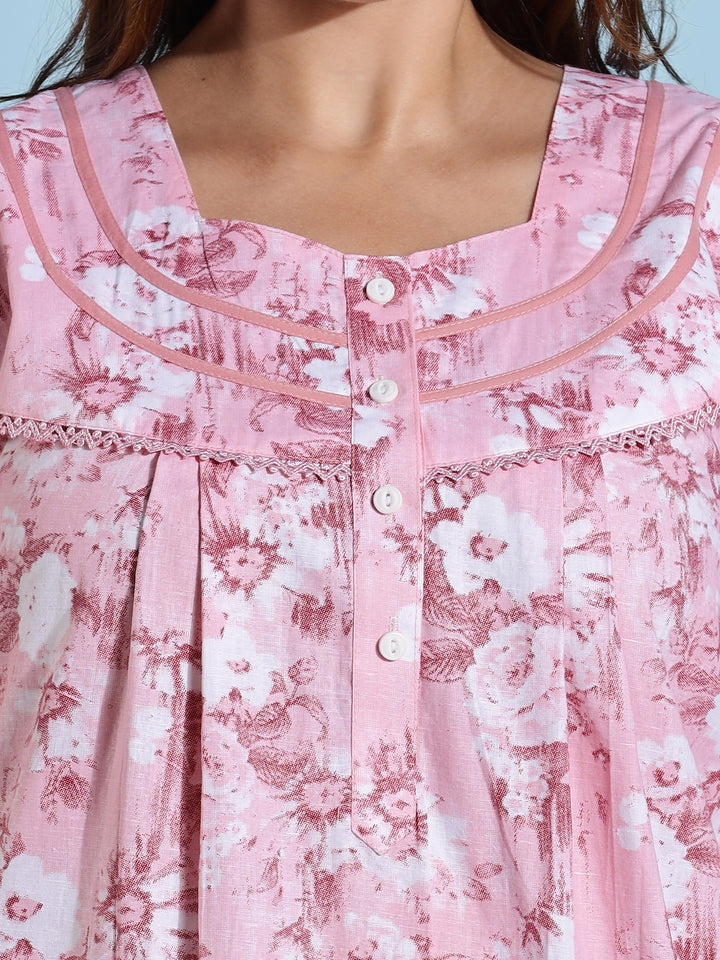 Pink floral branded pure cotton nighty for ladies