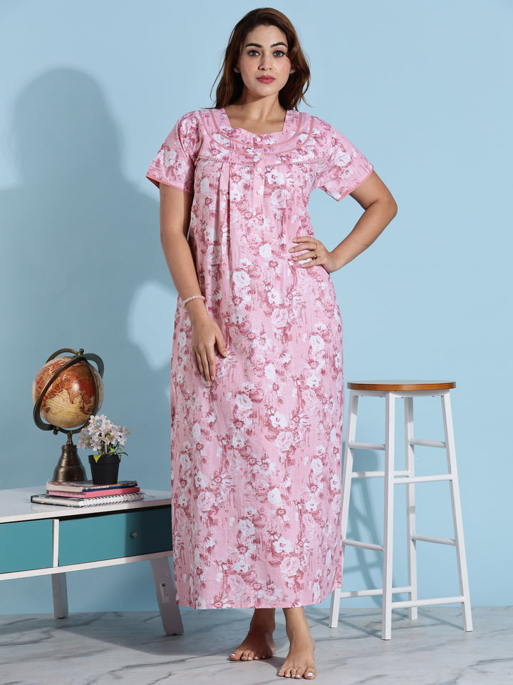 Pink floral branded pure cotton nighty for ladies