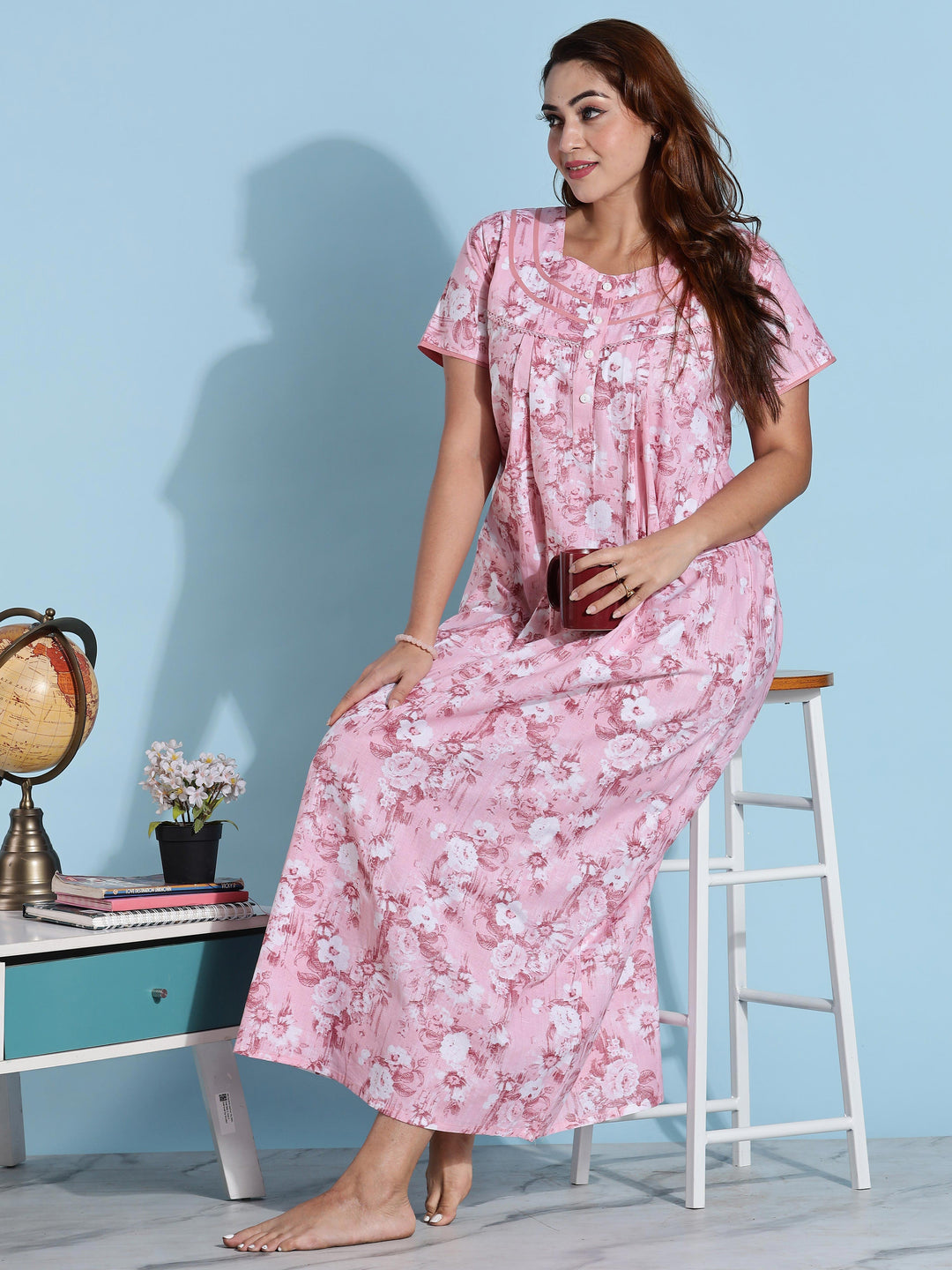 Pink floral branded pure cotton nighty for ladies