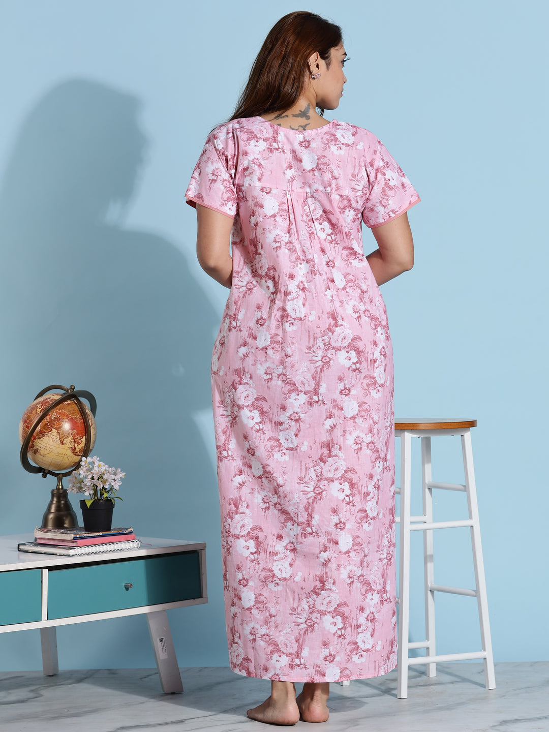 Pink floral branded pure cotton nighty for ladies