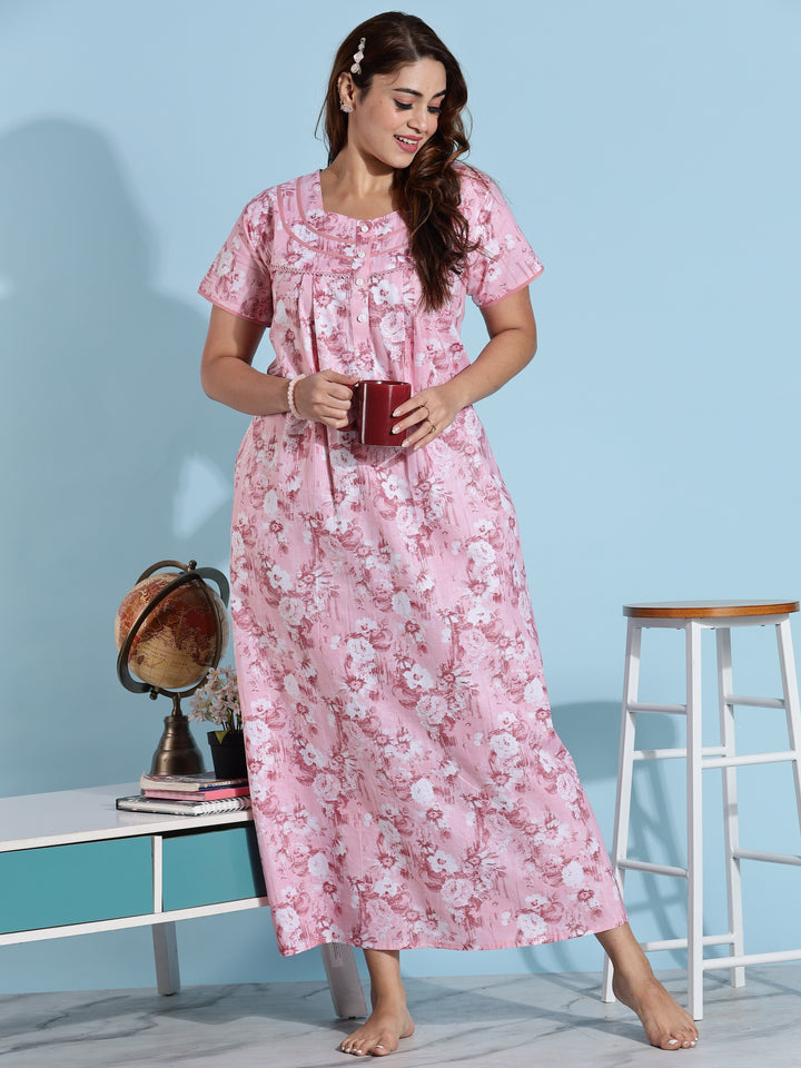 Pink floral branded pure cotton nighty for ladies