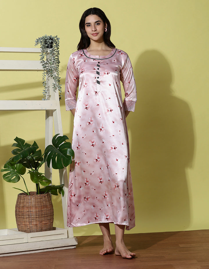 Powder pink satin floral nightdress for women online