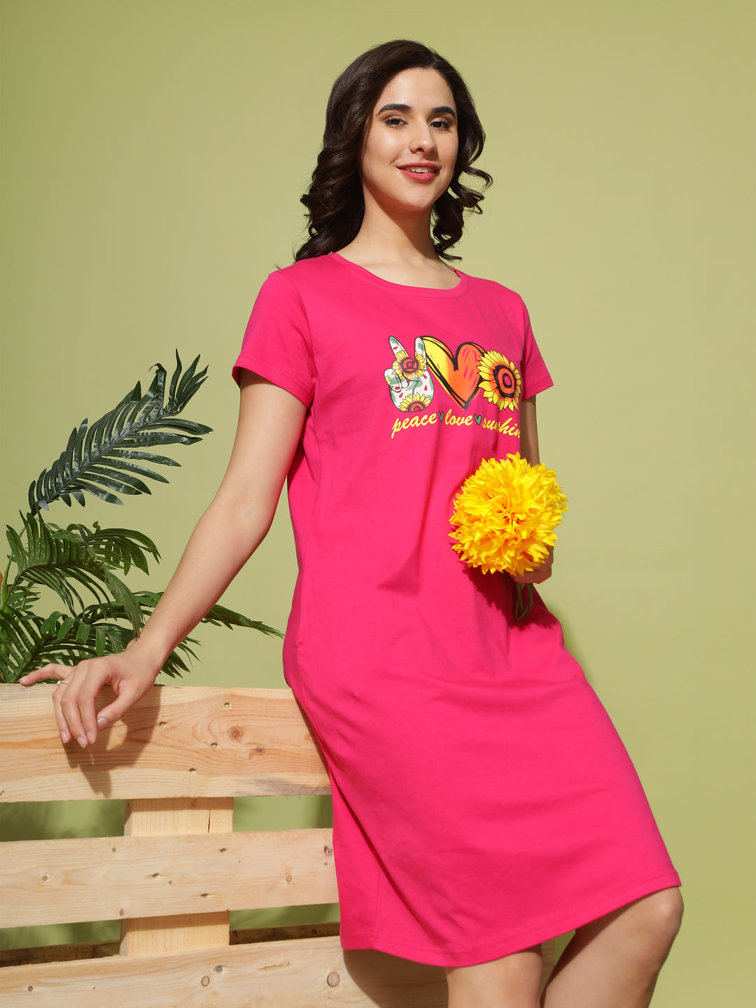 Printed Rani Pink Short Nighty for Women