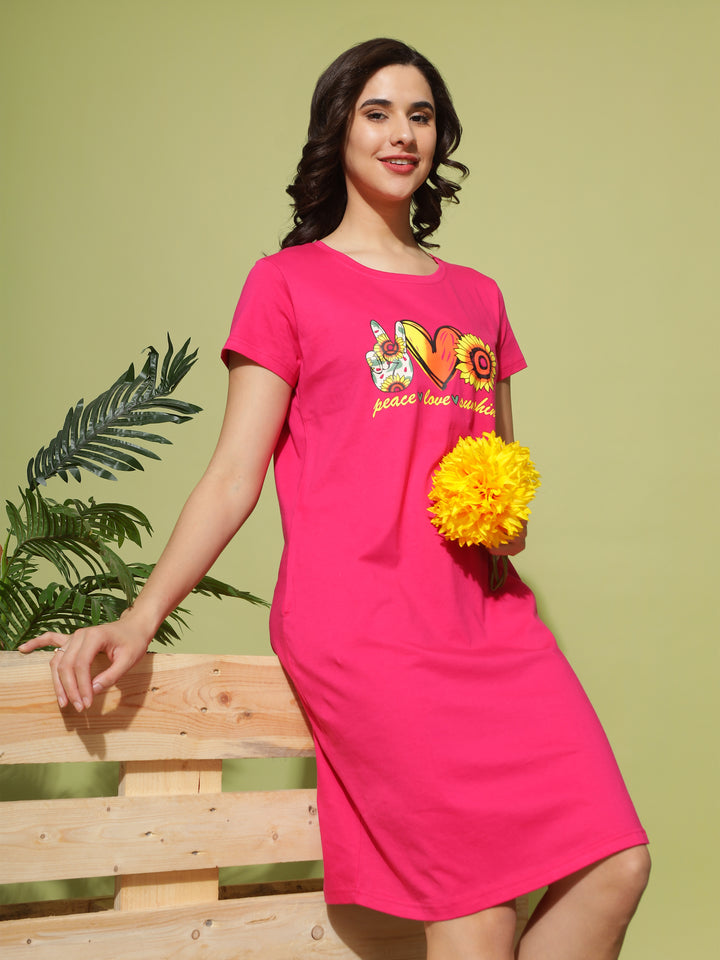 Printed Rani Pink Short Nighty for Women