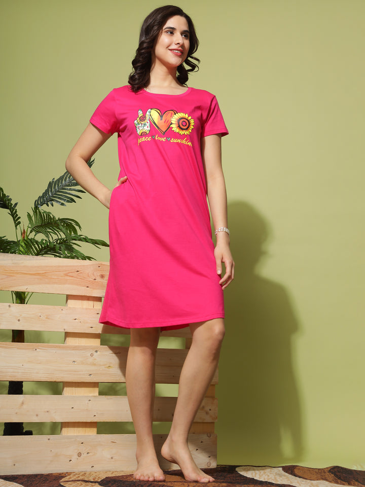 Printed Rani Pink Short Nighty for Women