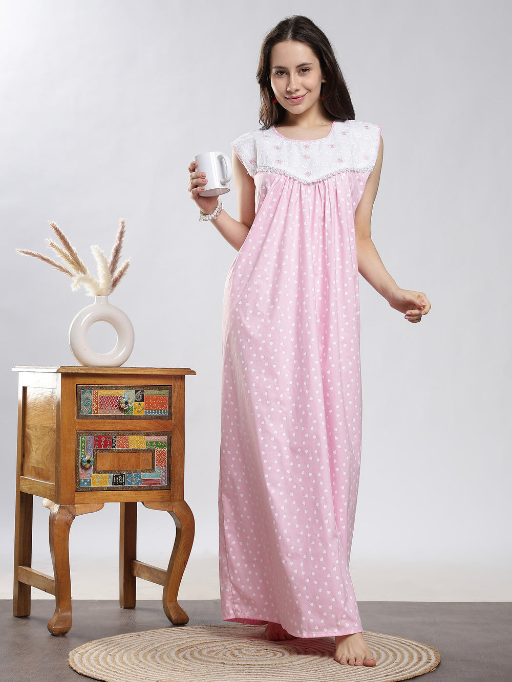 Soft pink sleeveless cotton night dress for women