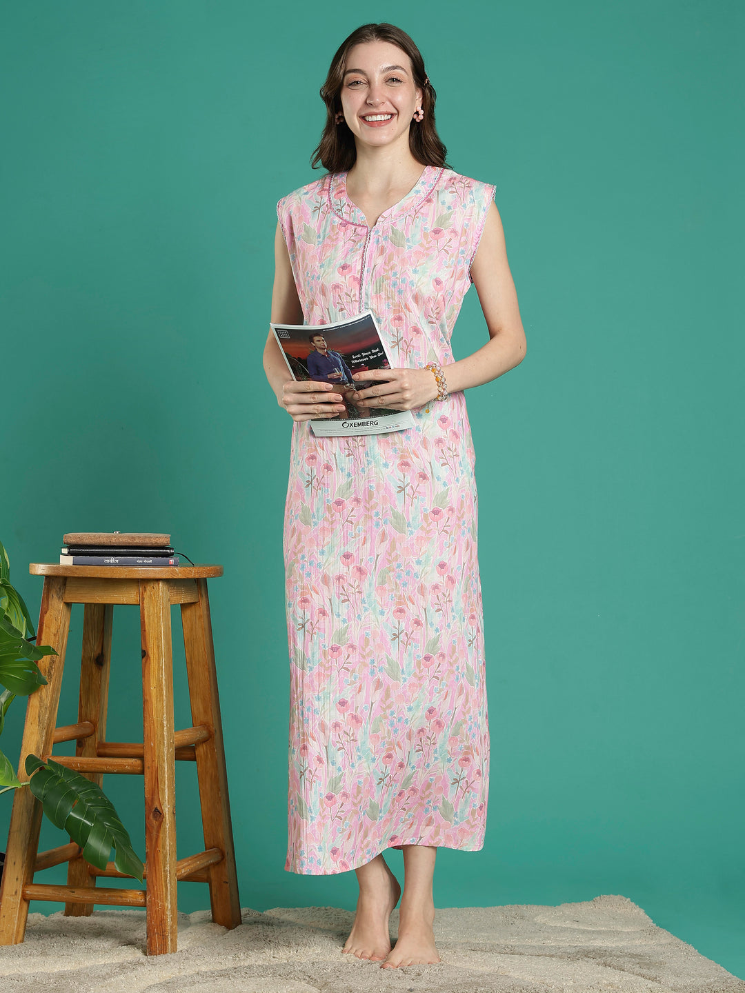 Pastel pink bamboo cotton sleeveless night dress for women