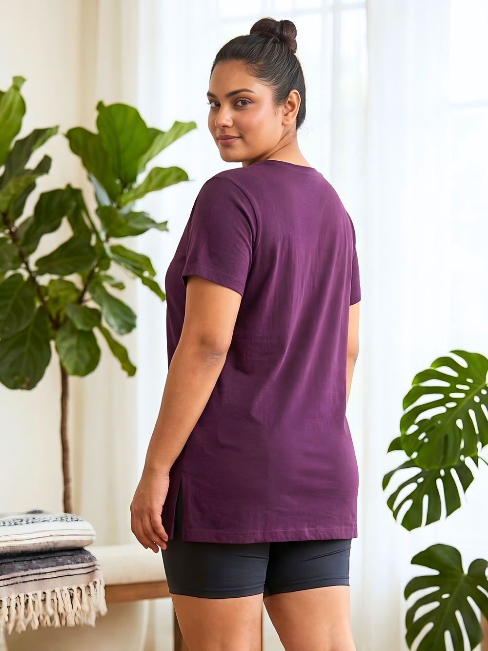 Cotton branded plus size long tshirt for women In wine
