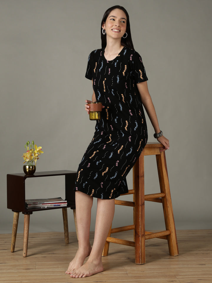Black printed soft cotton short nighty for women