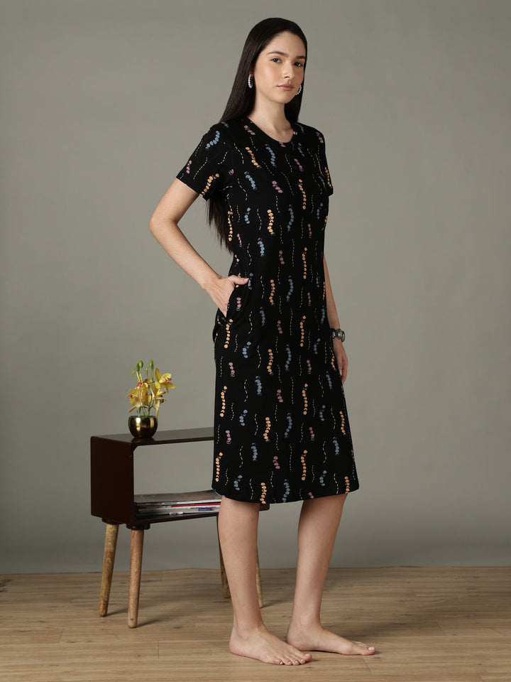 Black printed soft cotton short nighty for women