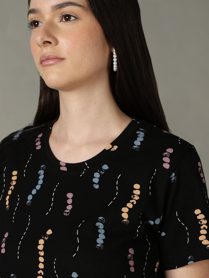 Black printed soft cotton short nighty for women