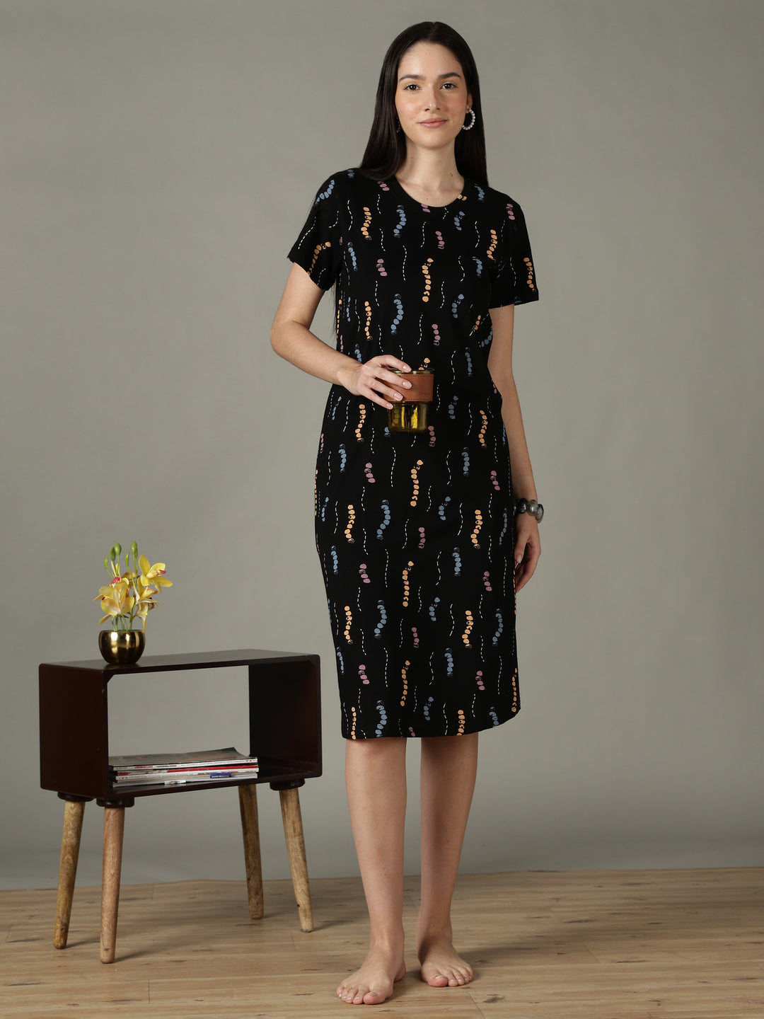 Black printed soft cotton short nighty for women