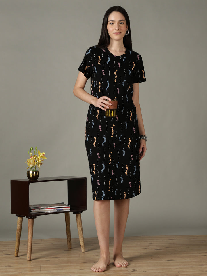 Black printed soft cotton short nighty for women