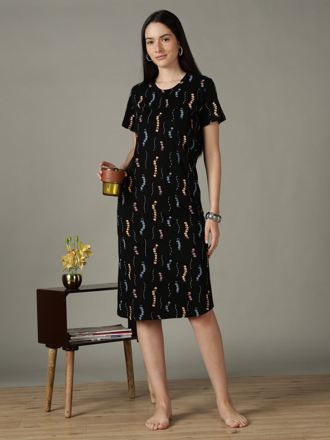 Black printed soft cotton short nighty for women
