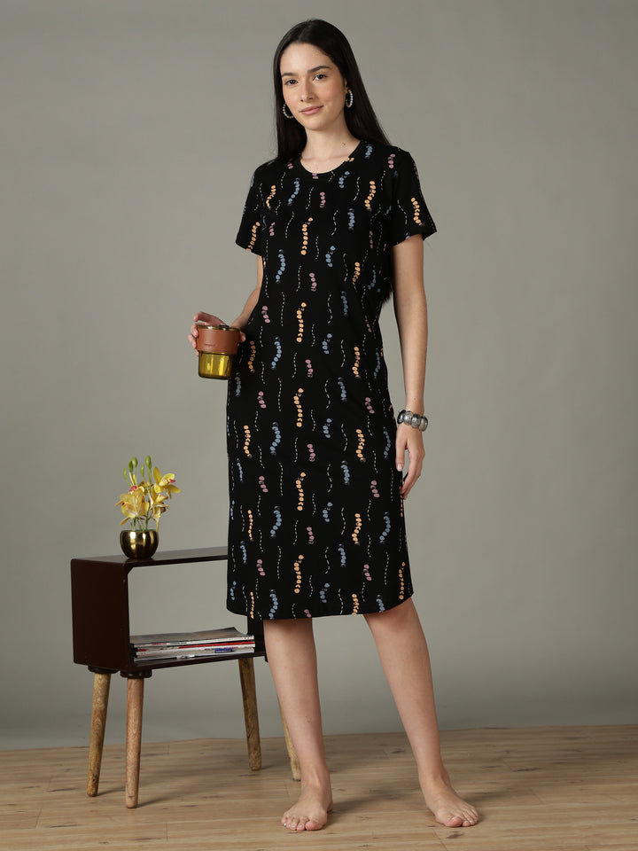 Black printed soft cotton short nighty for women
