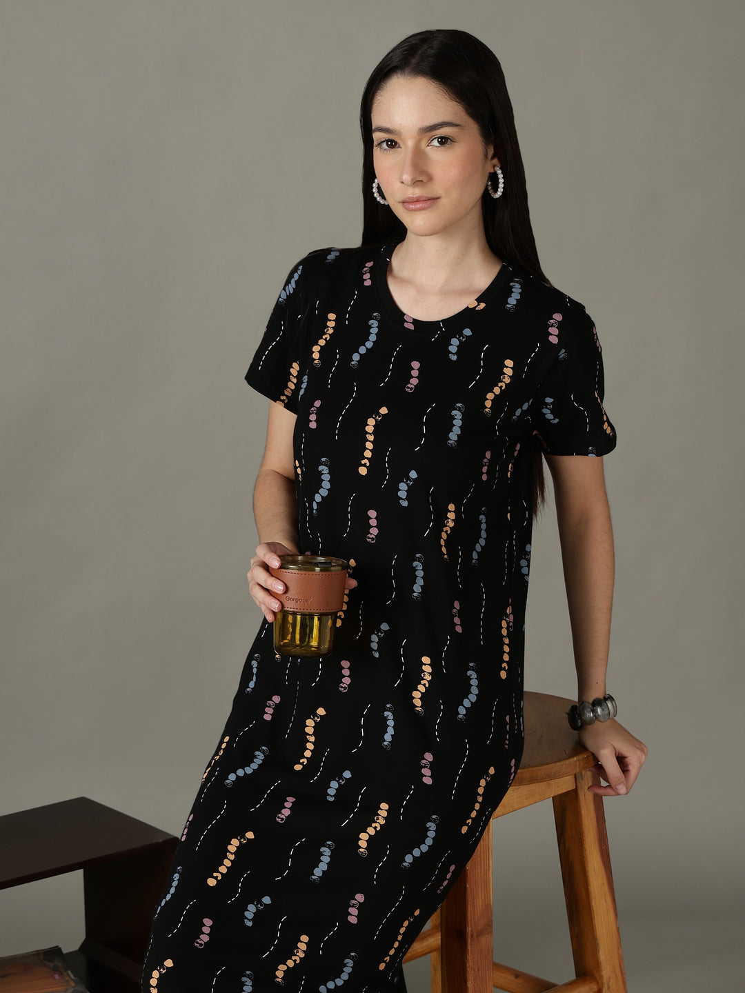 Black printed soft cotton short nighty for women