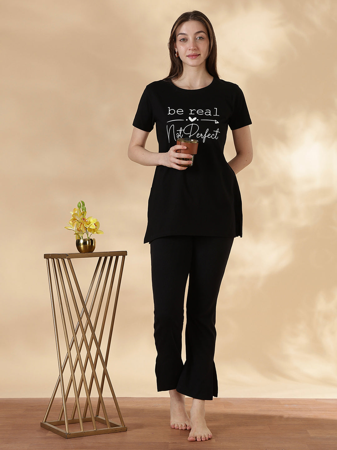 Black cotton soft and printed long tshirt for women