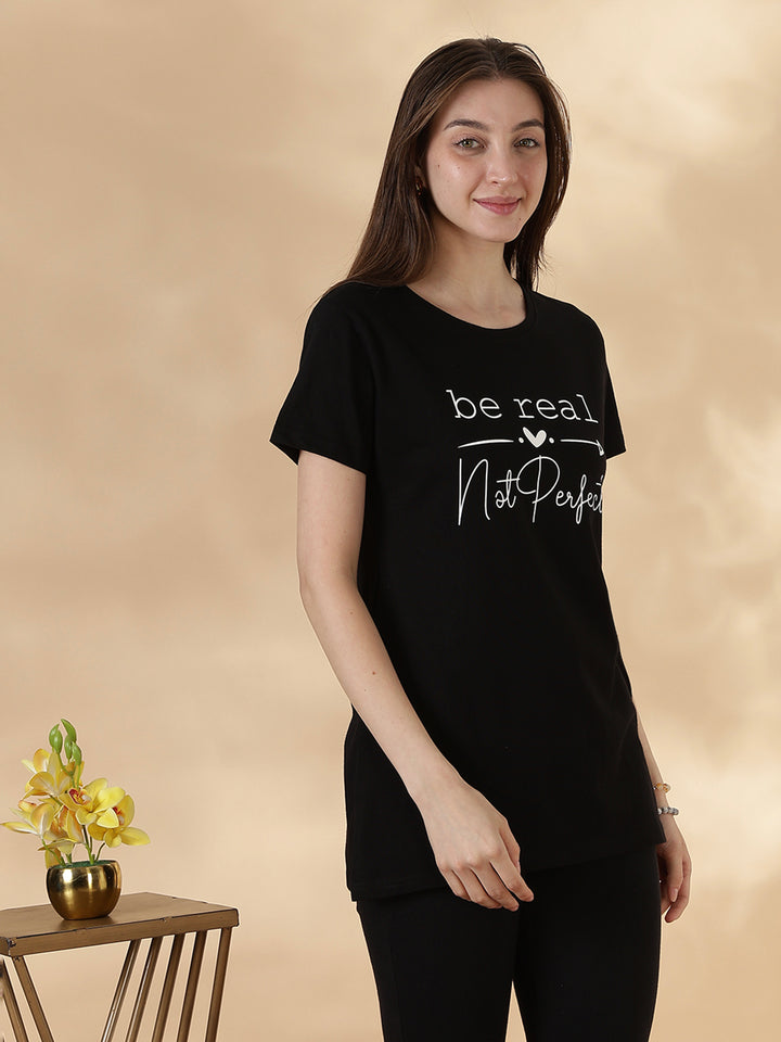 Black cotton soft and printed long tshirt for women
