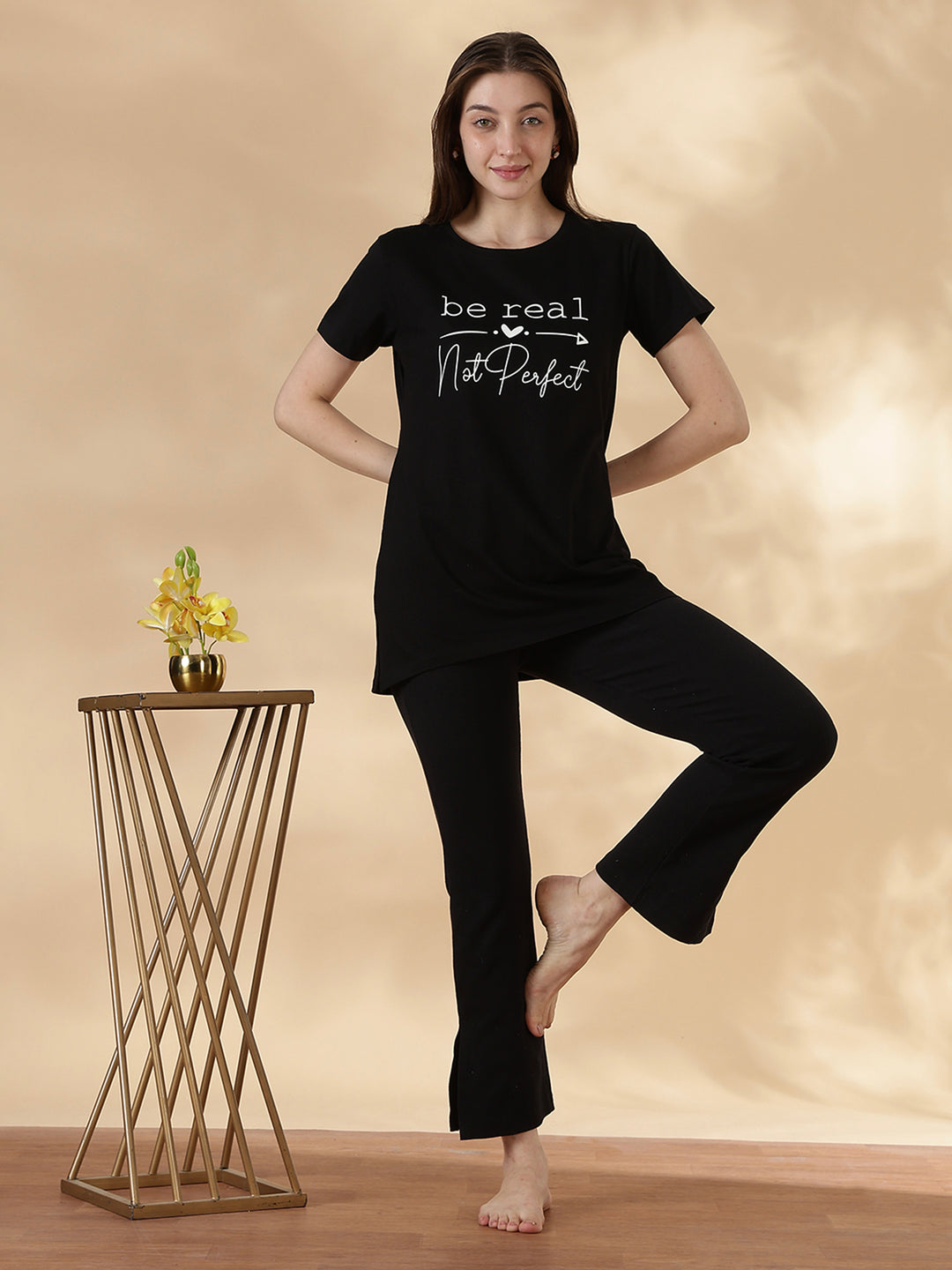 Black cotton soft and printed long tshirt for women