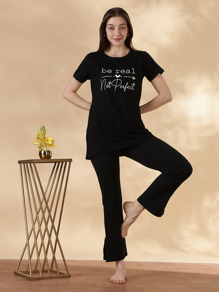 Black cotton soft and printed long tshirt for women