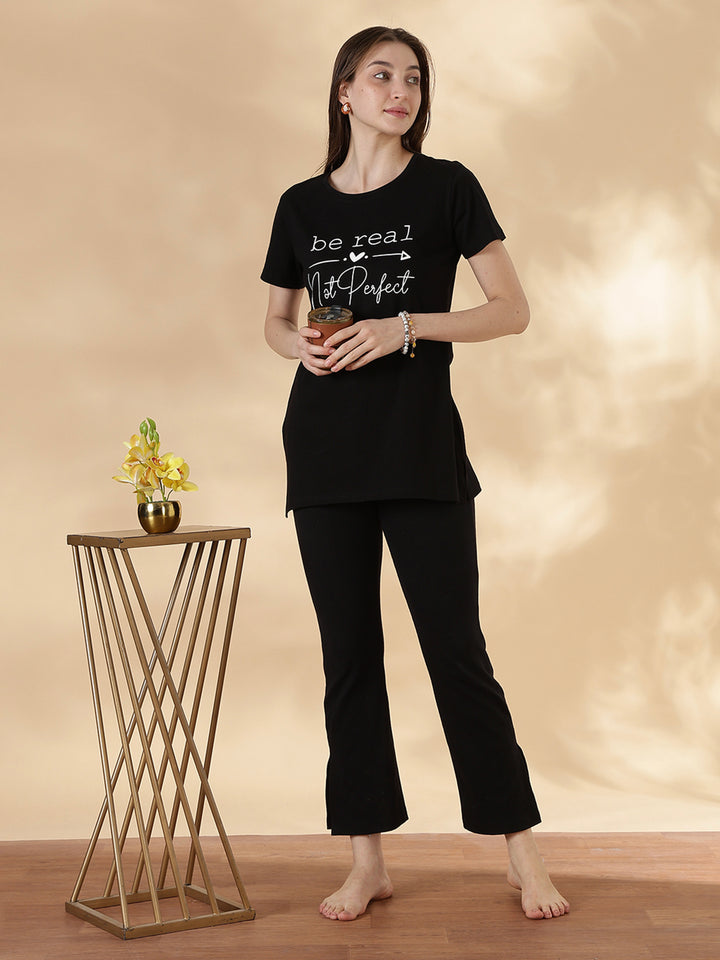 Black cotton soft and printed long tshirt for women