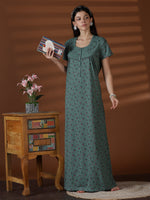 Green Floral Cotton Blend Soft Relaxed Fit Nightwear For Women