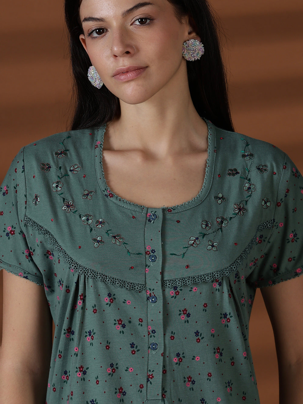 Green cotton blend premium front open nighty for women