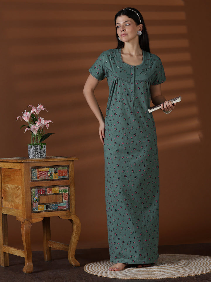 Green cotton blend premium front open nighty for women
