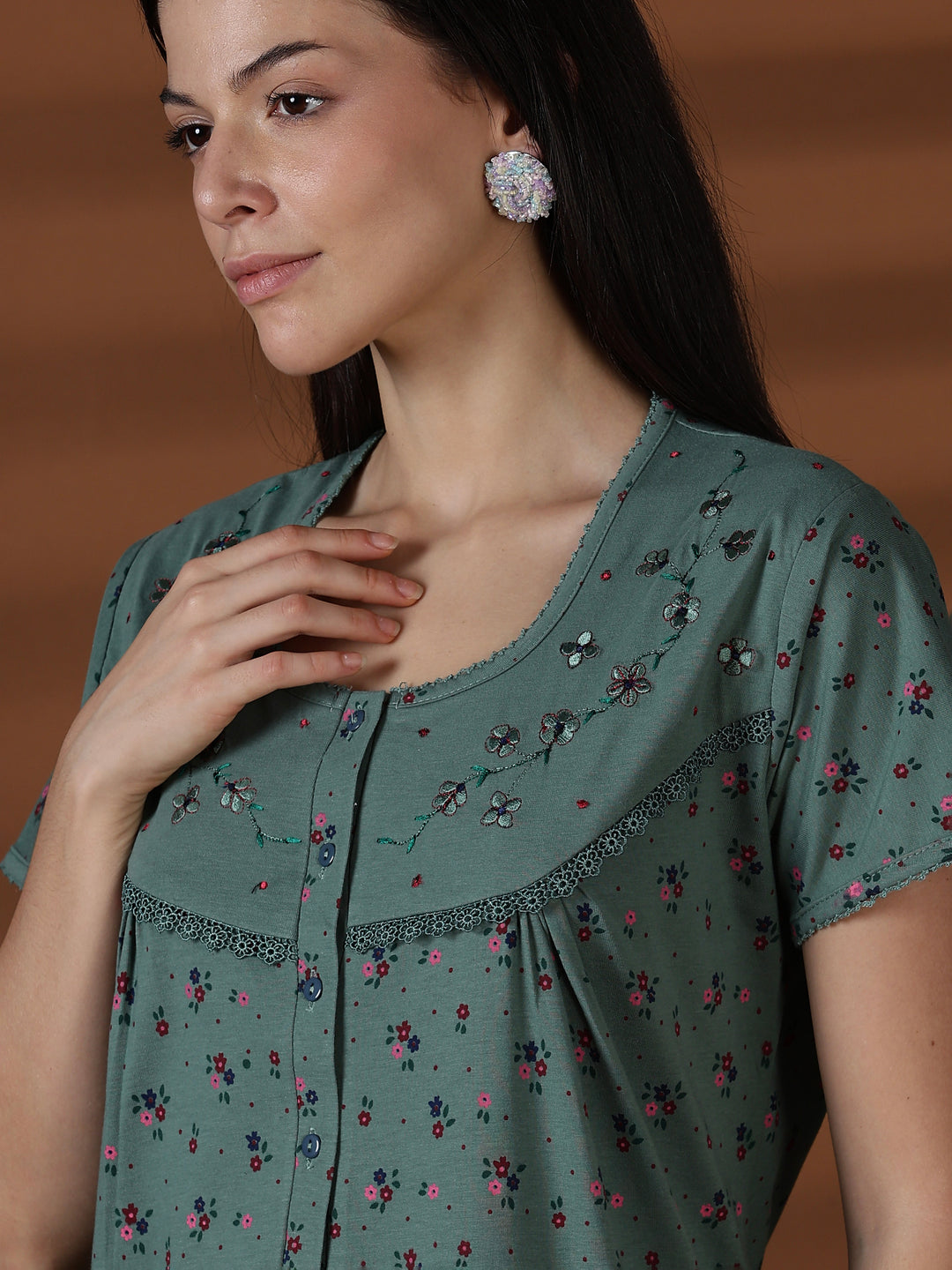 Green cotton blend premium front open nighty for women