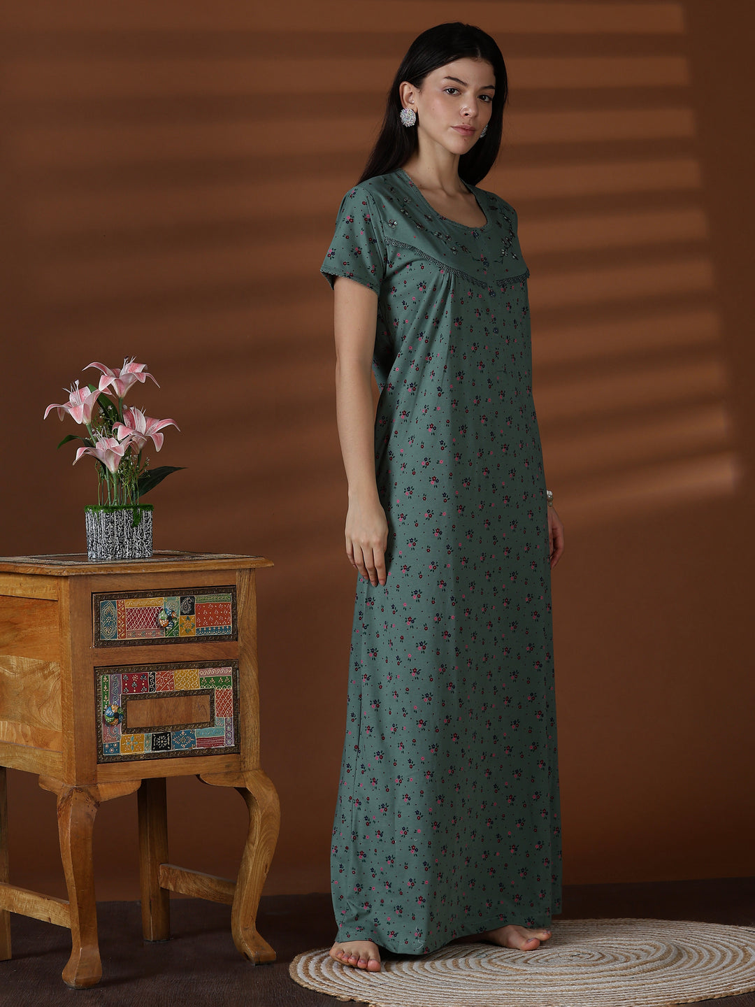 Green cotton blend premium front open nighty for women