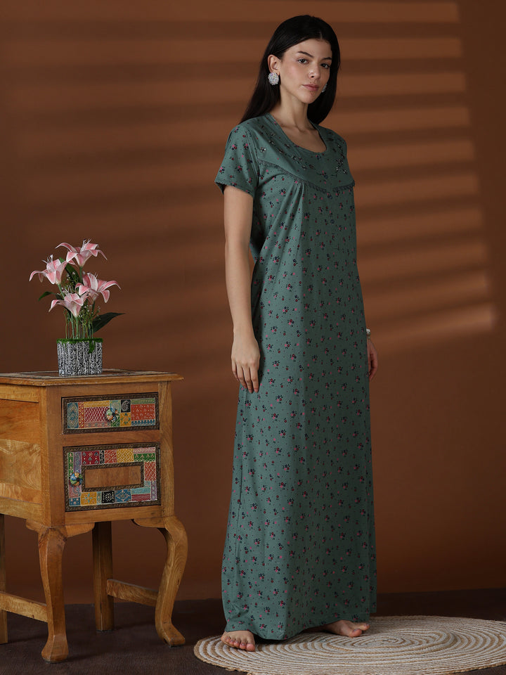 Green cotton blend premium front open nighty for women