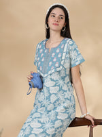 Pure Cotton Kantha Stitch Nighty for Women in Teal Floral Print