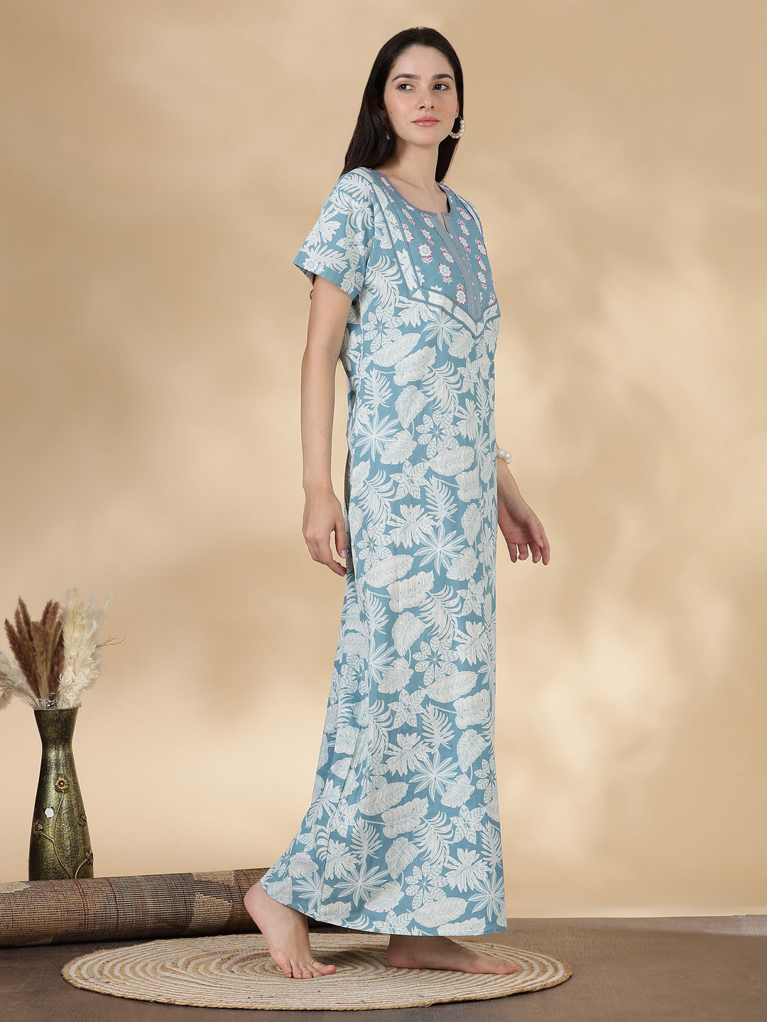 Teal floral Kantha work pure cotton nighty for women