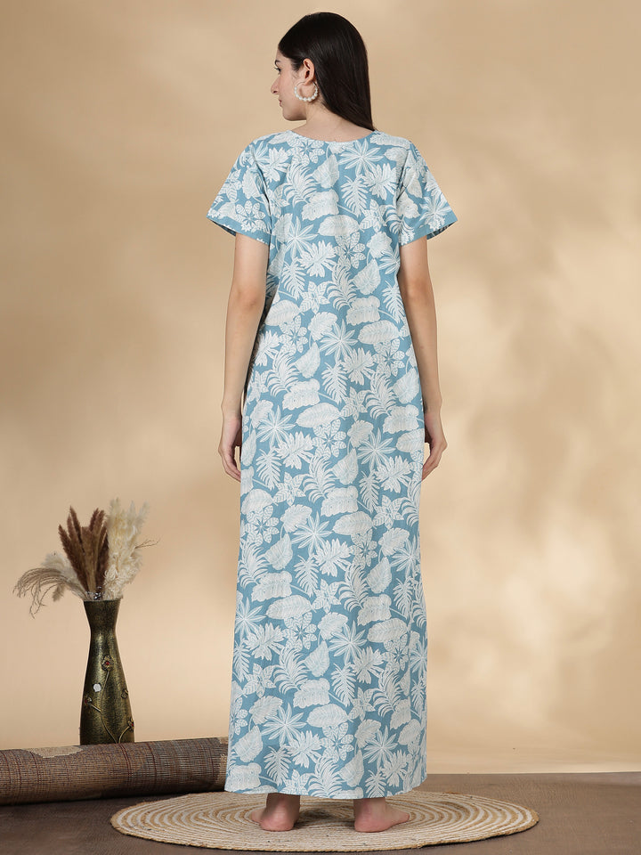 Teal floral Kantha work pure cotton nighty for women