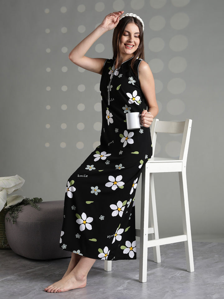 Midnight daisy rayon premium sleeveless nighty for women